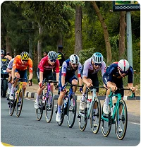 Huit cyclistes vêtus de maillots colorés roulent à vive allure sur une route bordée d'arbres, concentrés et intenses. Une moto les suit pour immortaliser l'événement.